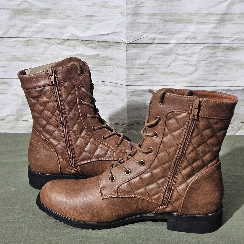 Womens Military Brown Combat Boot With Quilted Top - Picture 10 of 10